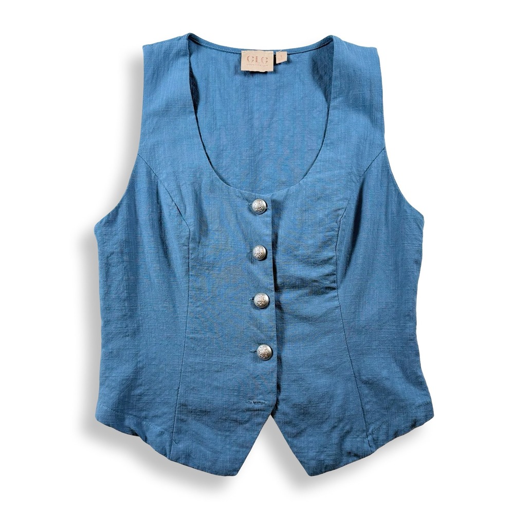 Good Luck Gem GLG Blue Cotton Rayon Blend Button Front‎ Waistcoat Vest Small